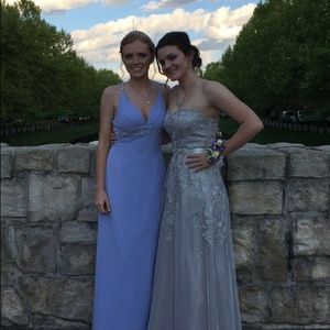 silver, strapless prom dress